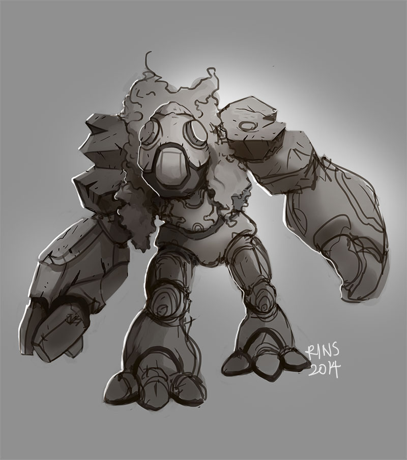 Greyscale character design for a golem! 